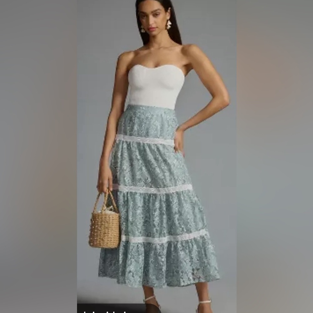 En Saison Light Blue Lace A-Line Maxi Skirt with White Trim